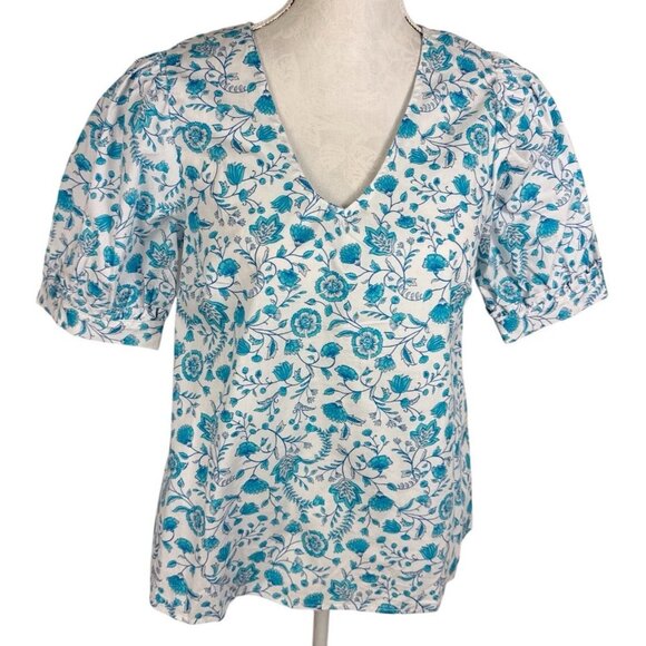 Draper James Women's S V-Neck Puff Sleeve Blouse Top Blue Floral NWT 9264 - Picture 1 of 15